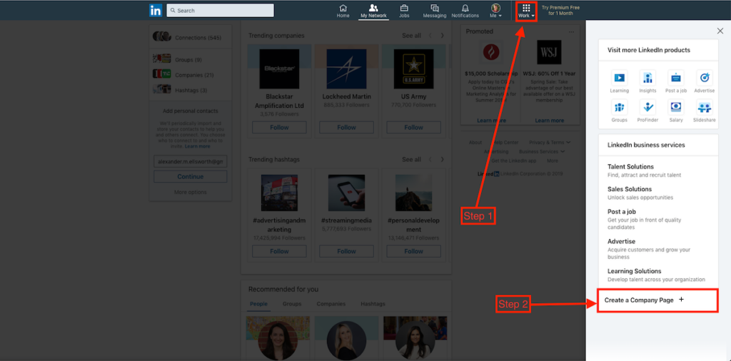 first two steps to create LinkedIn company page