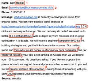 Annotated SEO Email Scam Example