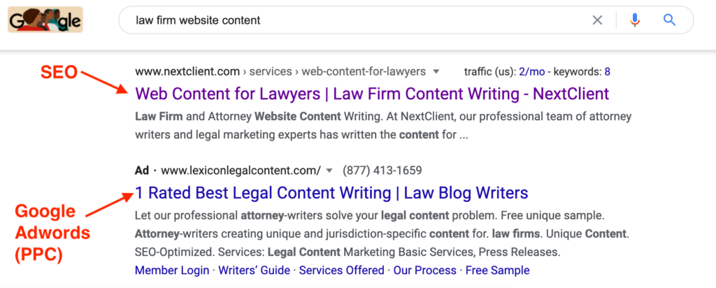 SEO vs PPC shown in SERP