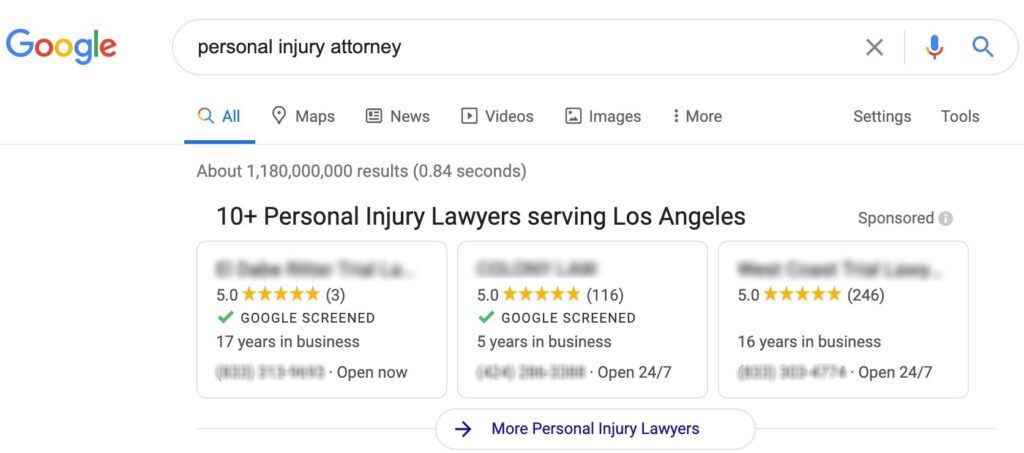 Los Angeles Local Search Ads Personal Injury Attorneys Results