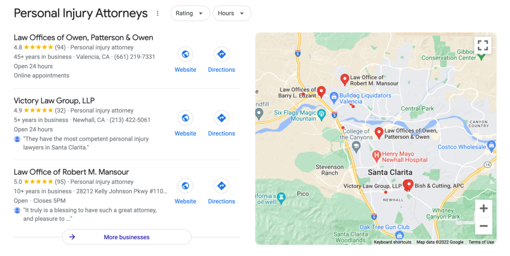 Santa Clarita Personal Injury Google Local Pack